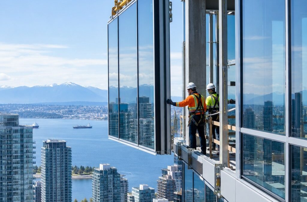Glass and aluminum curtain wall panels being installed on a commercial building facade